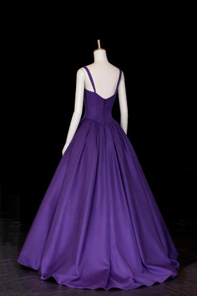 Stunning A Line Open Back Spaghetti Straps Purple Satin Long Prom Dresses, Purple Formal Graduation Evening Dresses