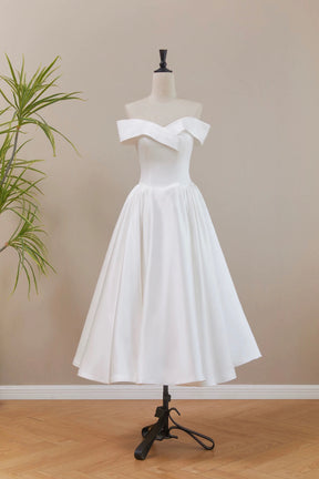 White Off-the-Shoulder Satin Tea-Length Party Prom Dress