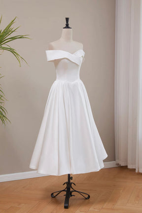 White Off-the-Shoulder Satin Tea-Length Party Prom Dress