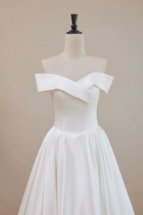 White Off-the-Shoulder Satin Tea-Length Party Prom Dress