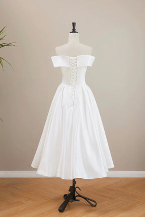 White Off-the-Shoulder Satin Tea-Length Party Prom Dress