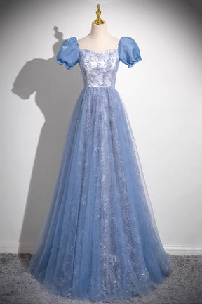 Elegant Blue Embroidery Prom Gown Floor Length Tulle Formal Dress