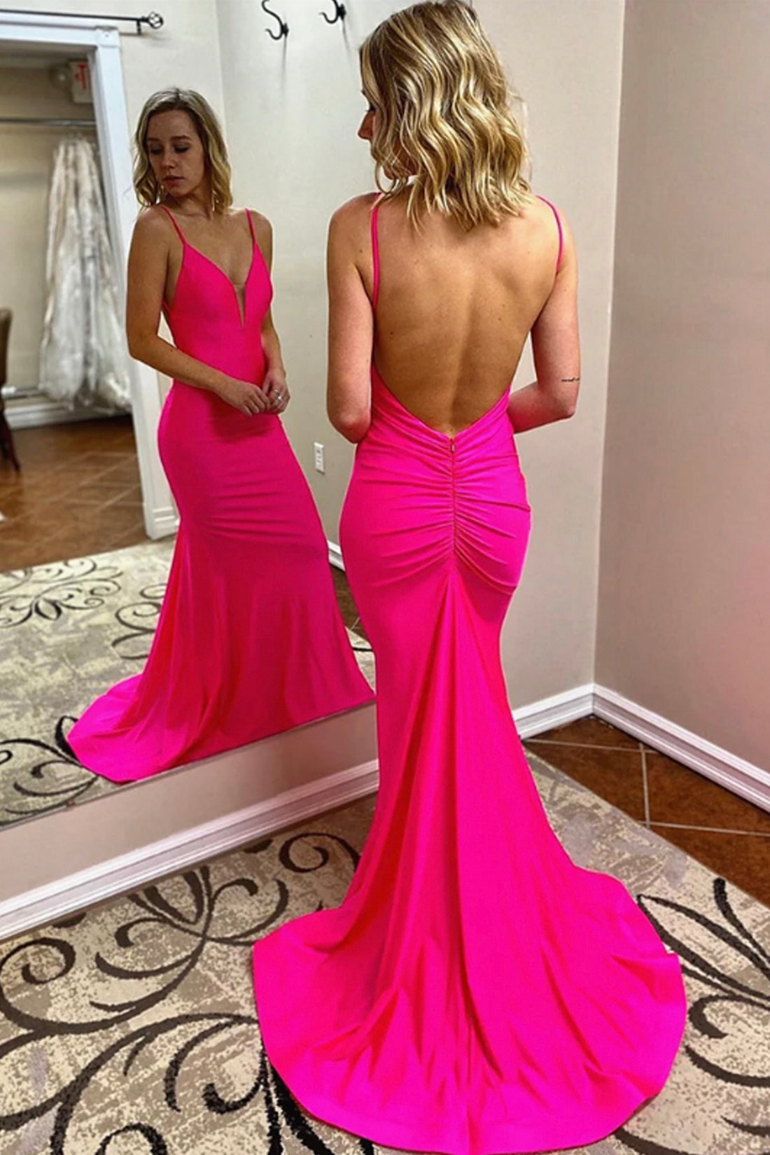 Hot Pink Satin Backless Long Prom Dress, Mermaid Spaghetti Strap Evening Dress