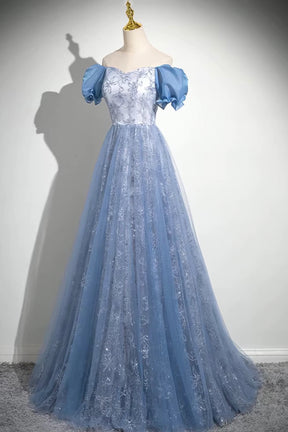 Elegant Blue Embroidery Prom Gown Floor Length Tulle Formal Dress