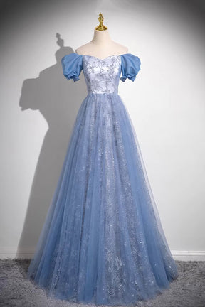 Elegant Blue Embroidery Prom Gown Floor Length Tulle Formal Dress