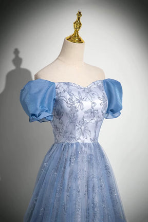 Elegant Blue Embroidery Prom Gown Floor Length Tulle Formal Dress