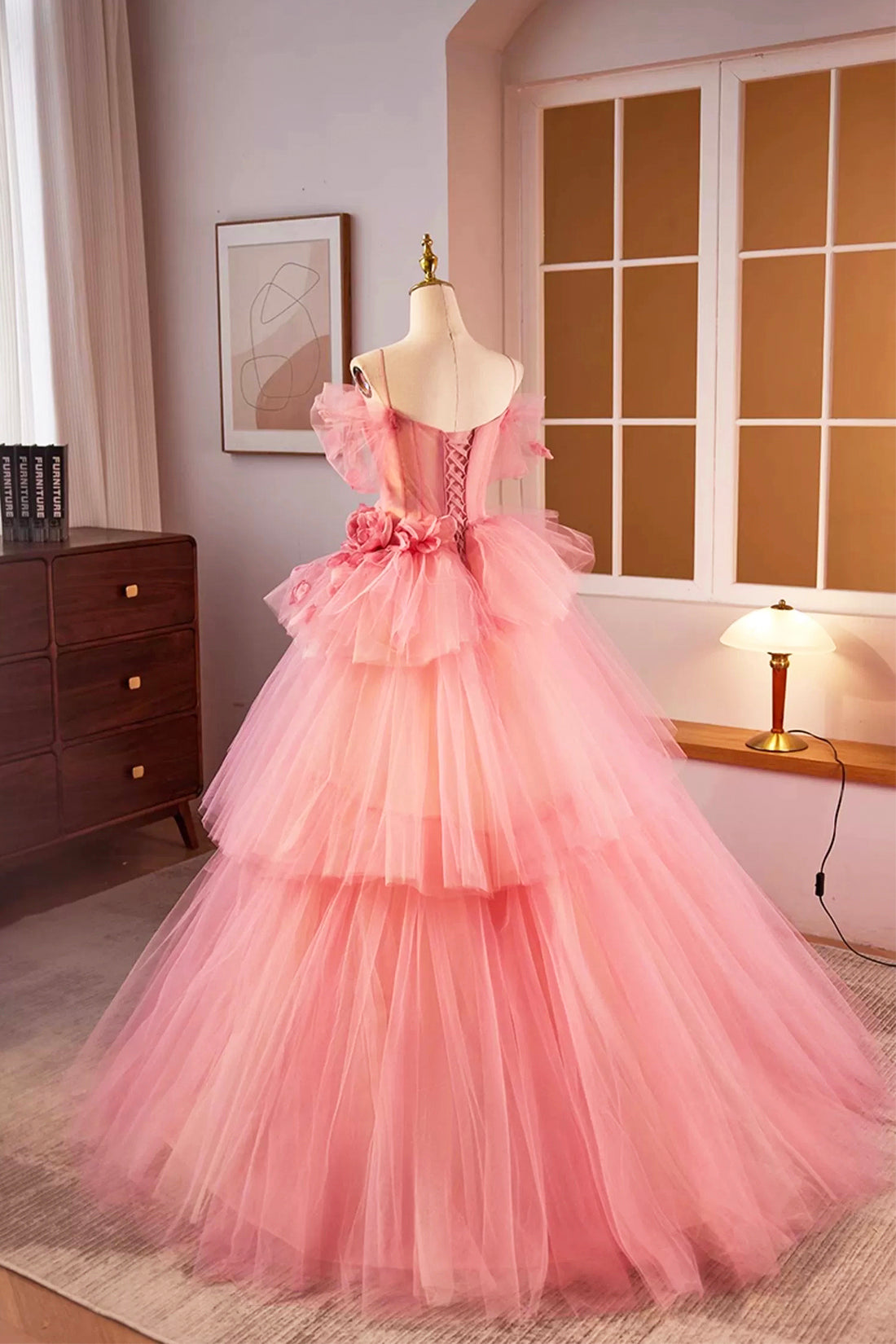 Beautiful Ball Gown Tulle Tiered Short Prom Dress, Princess Pink Sweet –