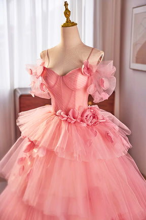 Pink Spaghetti Strap Tulle Long Prom Dress, Beautiful A-Line Formal Sweet 16 Dress