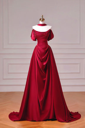 Burgundy Satin Off Shoulder Prom Dress with Draped Bodice and Train