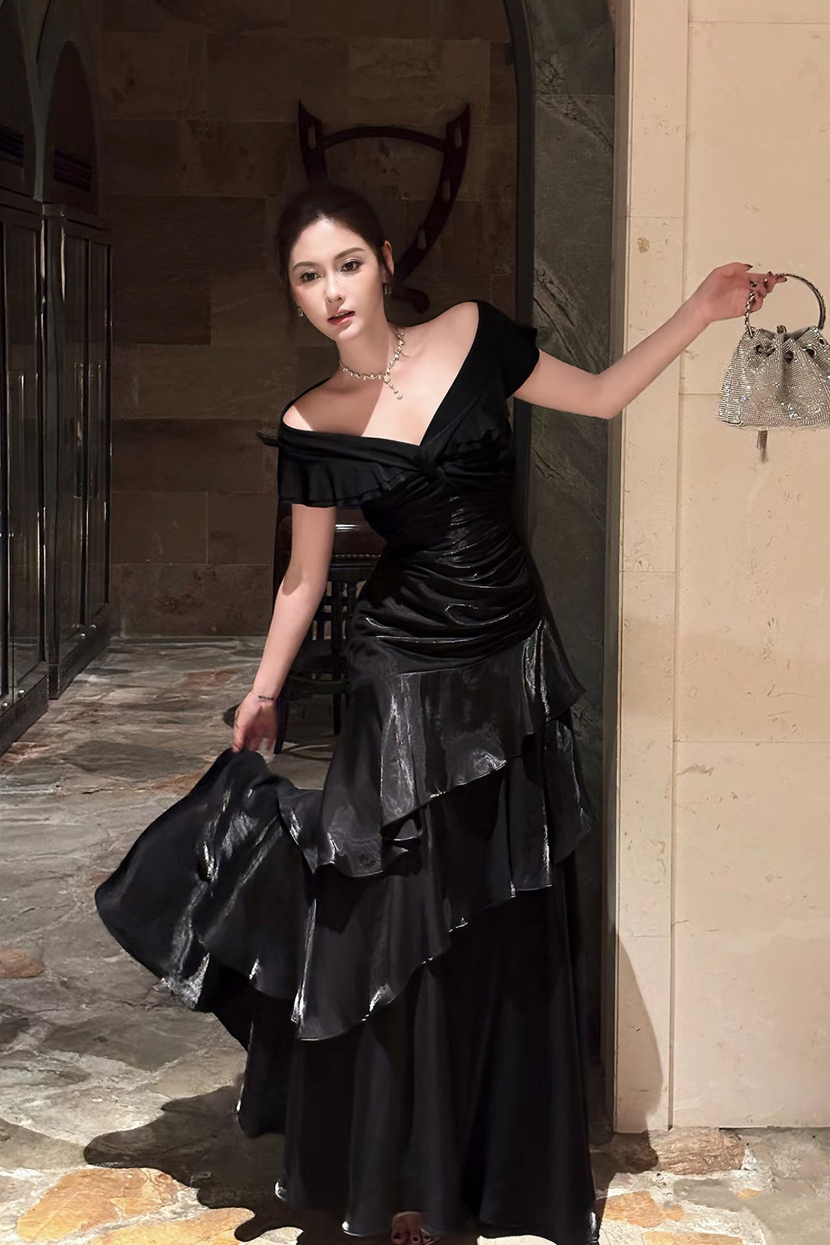 Glamorous Off Shoulder Black Evening Dress with Tiered Ruffles