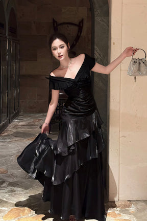 Glamorous Off Shoulder Black Evening Dress with Tiered Ruffles