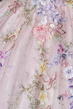 Pink Off Shoulder Floral Ball Gown Embellished Prom Dress with Sequin Tulle