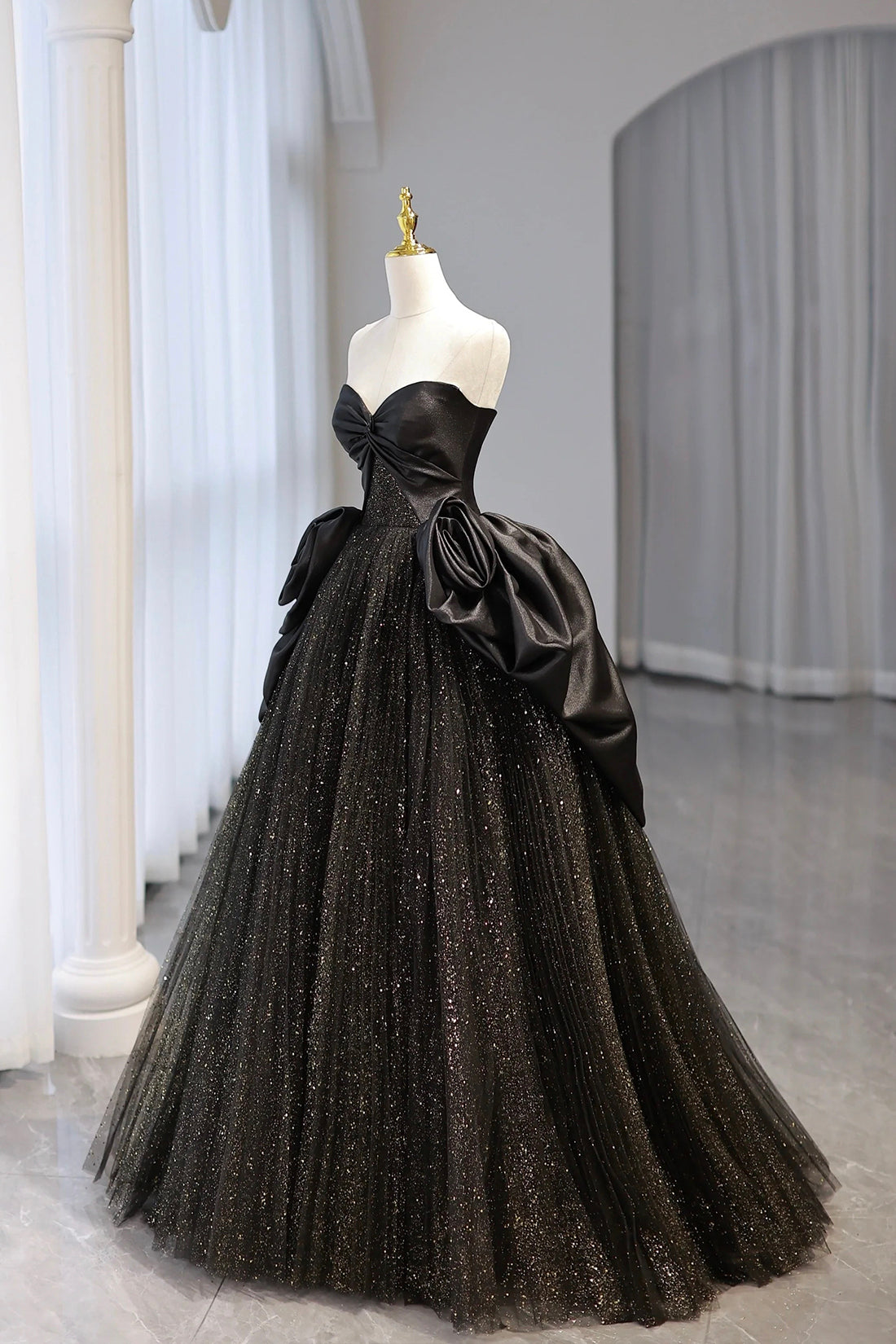 Black Strapless Satin and Tulle Long Prom Dress, Beautiful A-Line Evening Party Dress