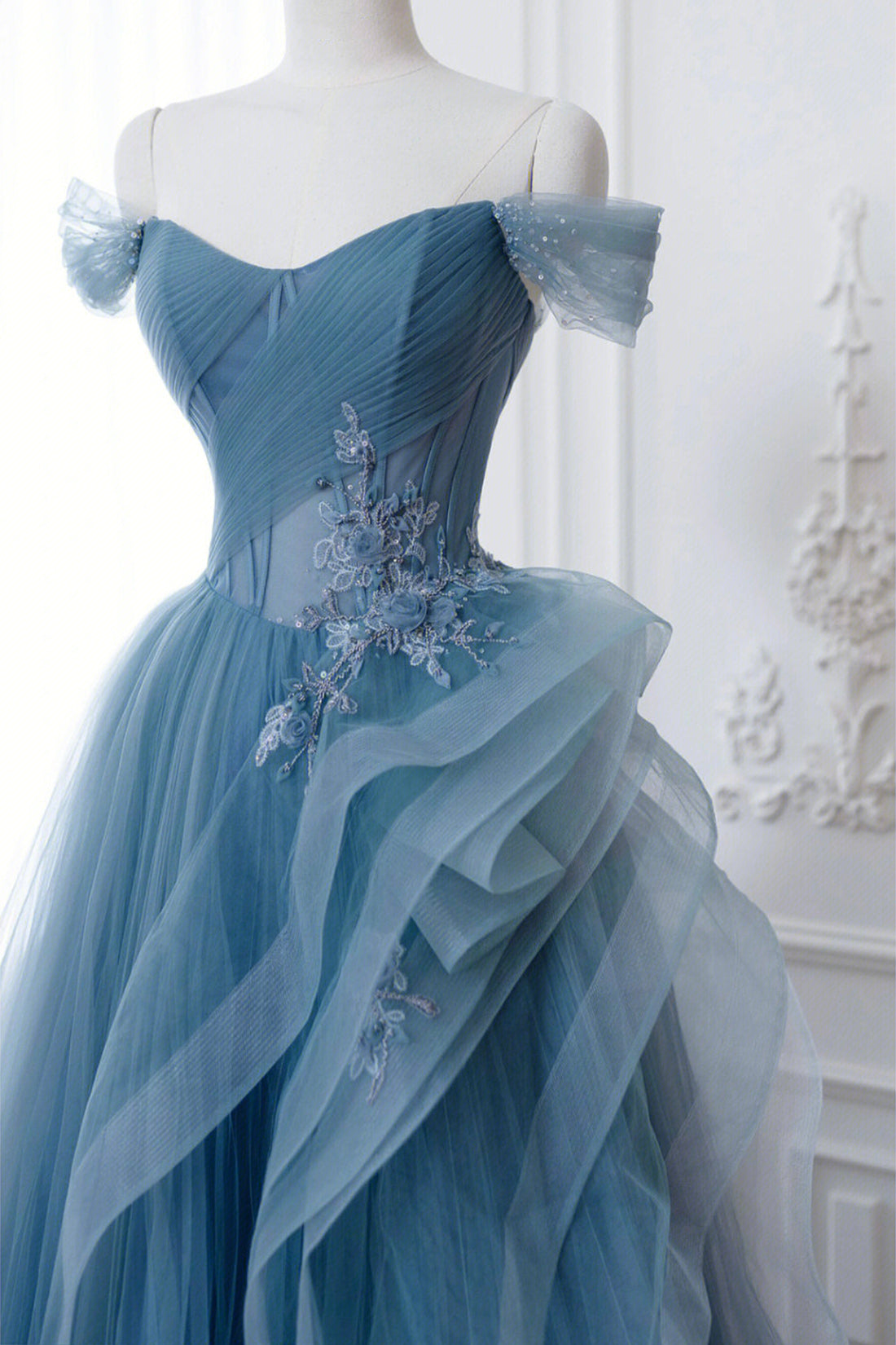 Dusty Blue Tulle Floor Length Prom Dresses, Blue Off the Shoulder Removable Sleeve Evening Dress
