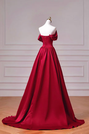 Burgundy Satin Off Shoulder Prom Dress with Draped Bodice and Train