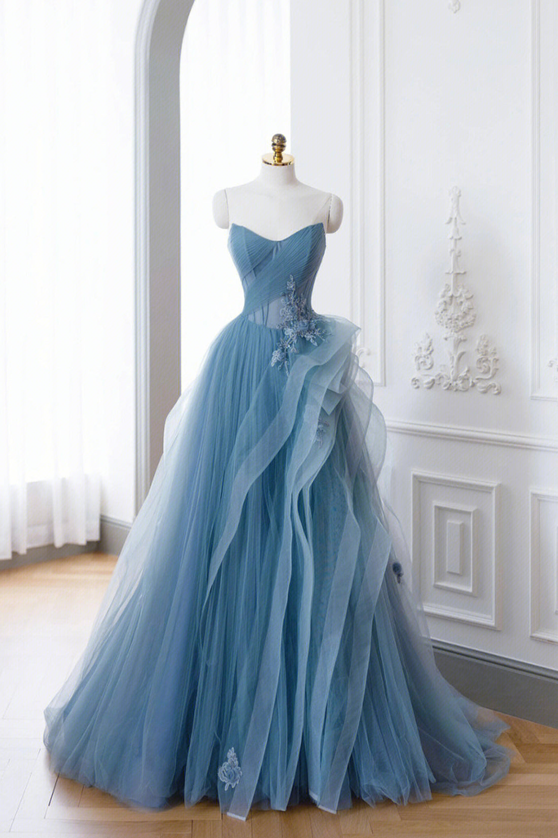 Dusty Blue Tulle Floor Length Prom Dresses, Blue Off the Shoulder Removable Sleeve Evening Dress