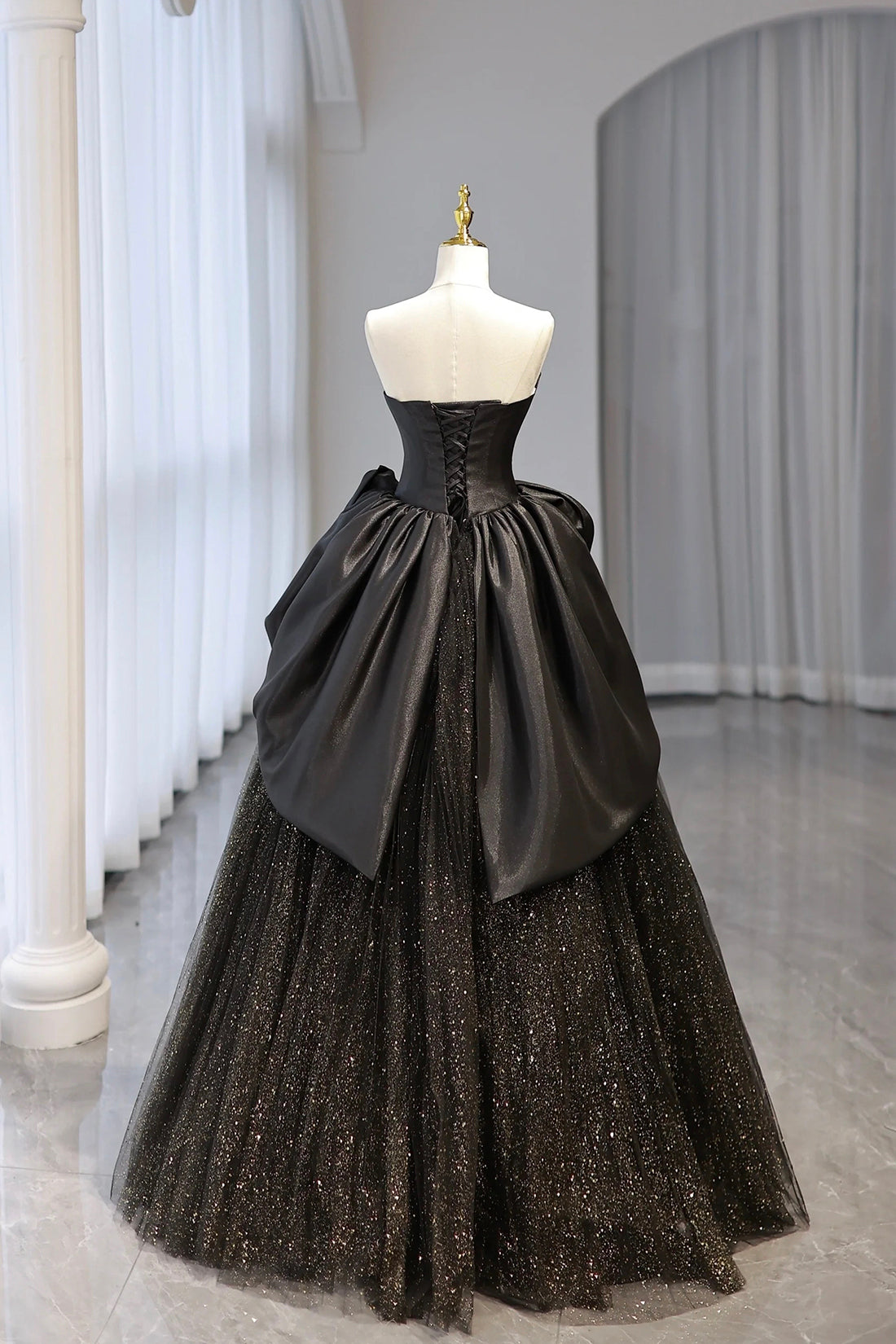 Black Strapless Satin and Tulle Long Prom Dress, Beautiful A-Line Evening Party Dress