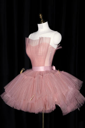 Charming Pink Tulle Short/Mini Party Dress, A-Line Strapless Backless Prom Dress