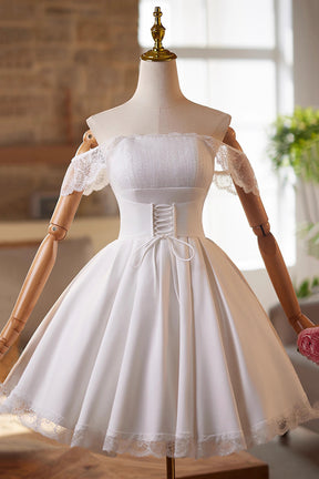Cute Lace Knee Length Prom Dress, White A-Line Homecoming Party Dress