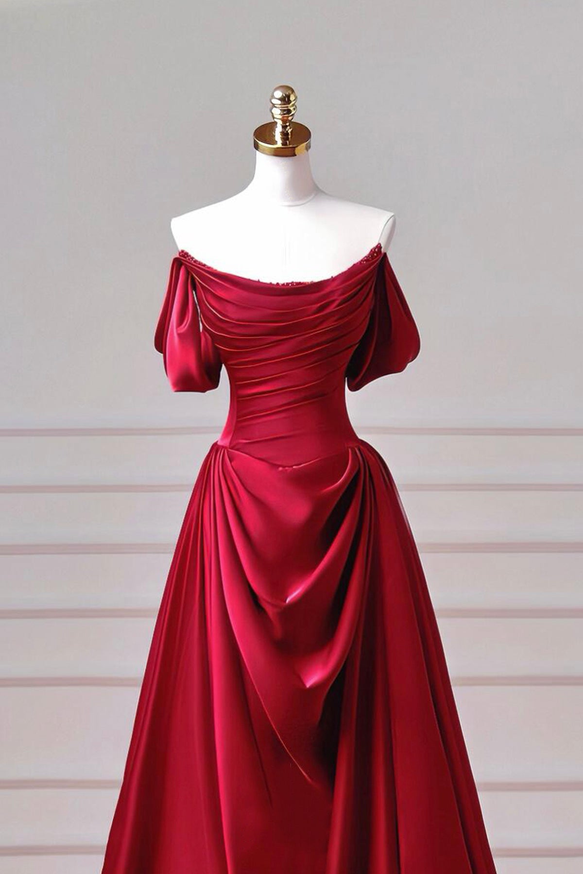 Burgundy Satin Off Shoulder Prom Dress with Draped Bodice and Train