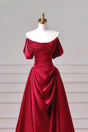 Burgundy Satin Off Shoulder Prom Dress with Draped Bodice and Train