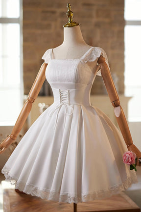 Cute Lace Knee Length Prom Dress, White A-Line Homecoming Party Dress