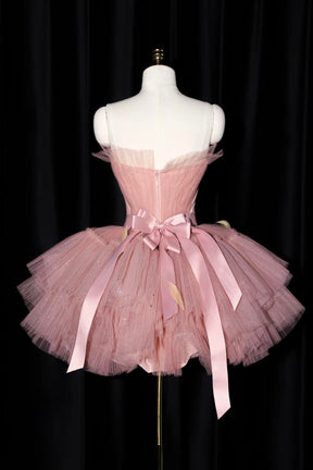 Charming Pink Tulle Short/Mini Party Dress, A-Line Strapless Backless Prom Dress
