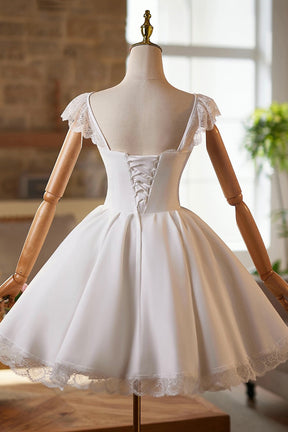 Cute Lace Knee Length Prom Dress, White A-Line Homecoming Party Dress