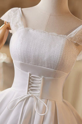 Cute Lace Knee Length Prom Dress, White A-Line Homecoming Party Dress