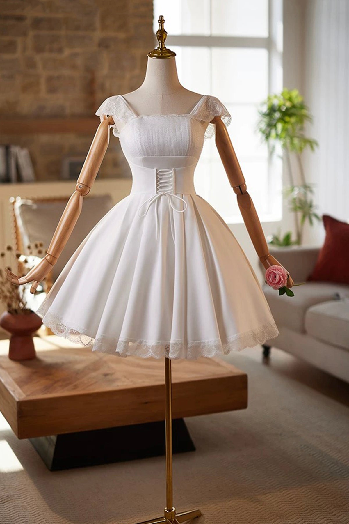 Cute Lace Knee Length Prom Dress, White A-Line Homecoming Party Dress