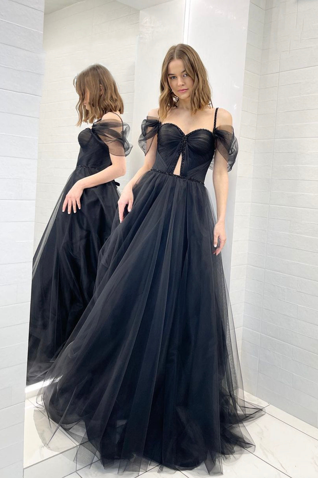 Black Tulle Sweetheart Floor Length Prom Dress, Black Tulle Off Shoulder Evening Dress