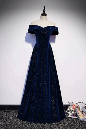 Navy Velvet Long A-Line Prom Party Dress Off the Shoulder Formal Dress