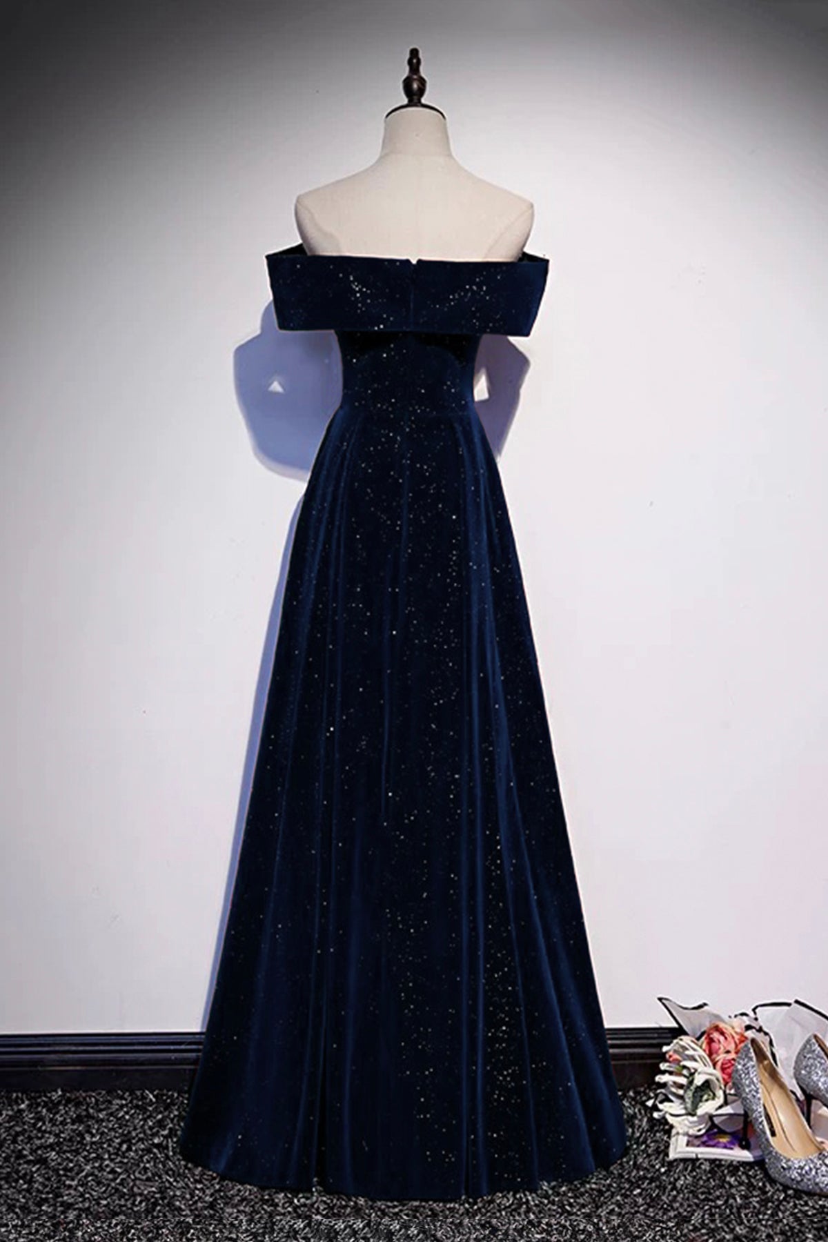 Navy Velvet Long A-Line Prom Party Dress Off the Shoulder Formal Dress
