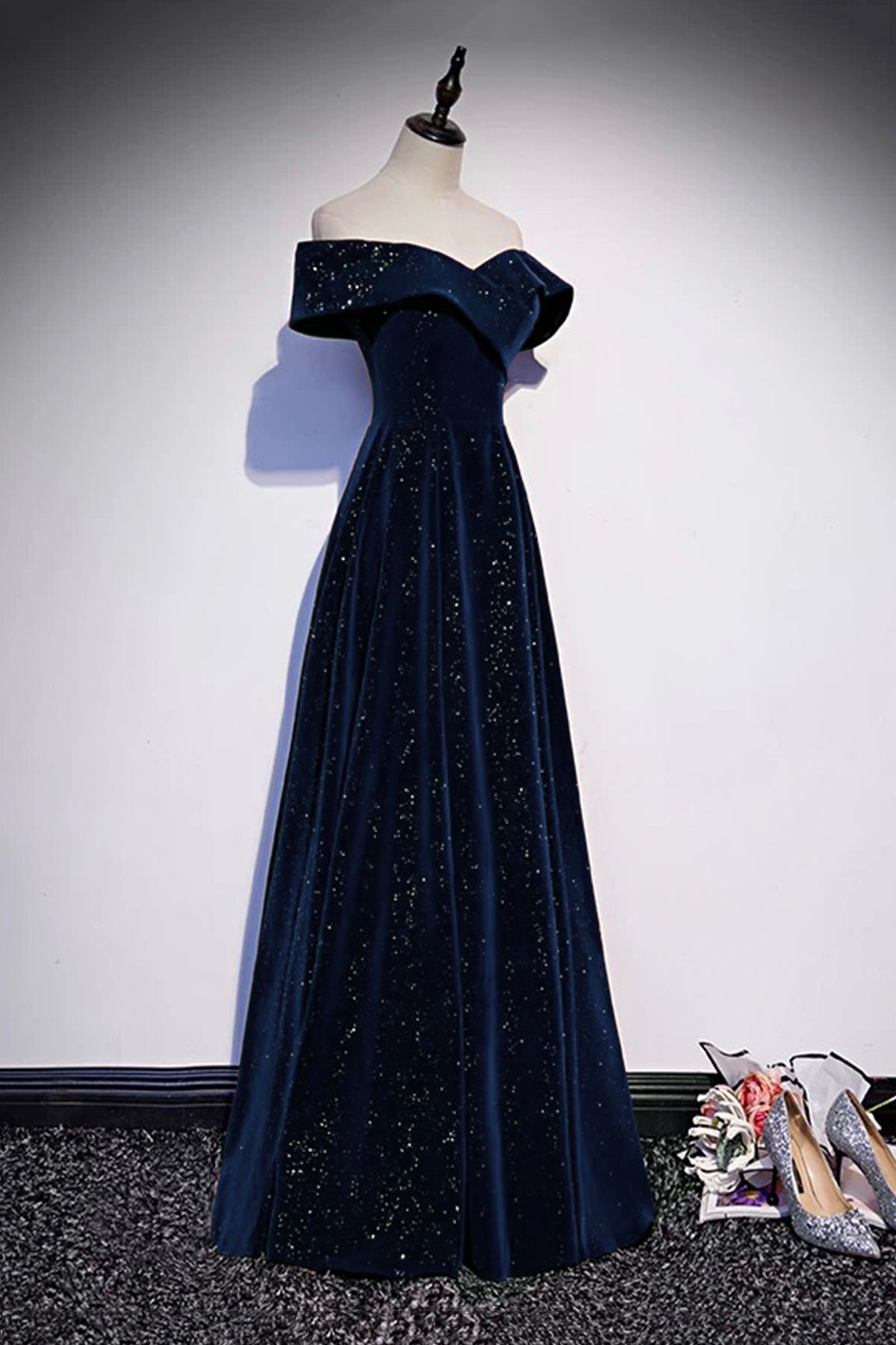 Navy Velvet Long A-Line Prom Party Dress Off the Shoulder Formal Dress