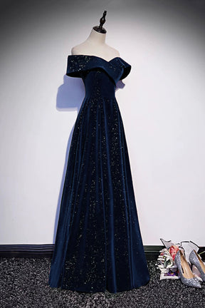Navy Velvet Long A-Line Prom Party Dress Off the Shoulder Formal Dress
