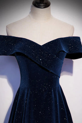 Navy Velvet Long A-Line Prom Party Dress Off the Shoulder Formal Dress