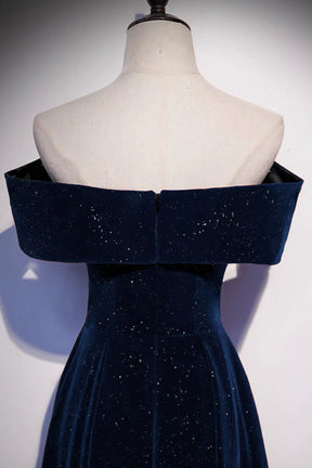 Navy Velvet Long A-Line Prom Party Dress Off the Shoulder Formal Dress