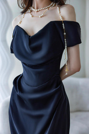 Elegant Black Satin Off-the-Shoulder Evening Formal Gown