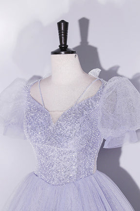 Beautiful Light Blue Tulle Sequins Prom Dress, Scoop Neck Short Sleeve Puffy Floor-Length Evening Dress