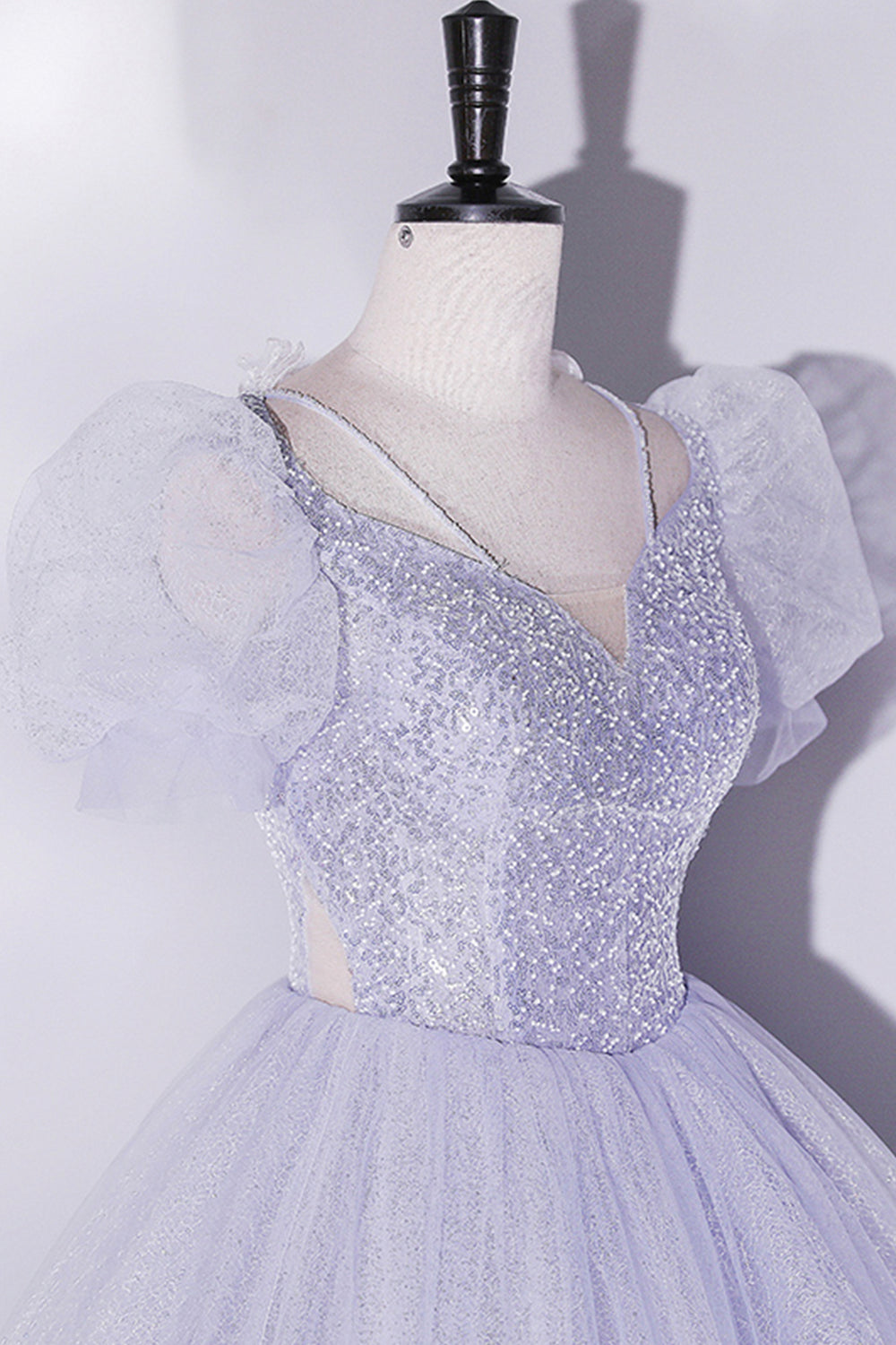 Light Blue Tulle Sequins Long Sleeve Prom Dress