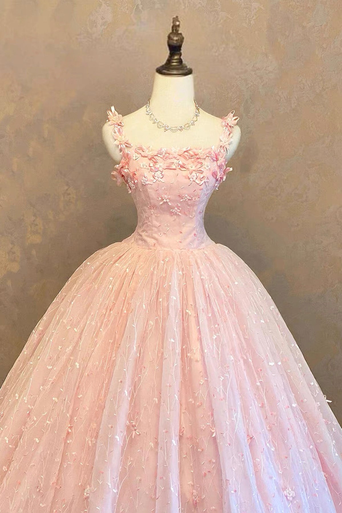 Blush Pink 3D Floral Ball Gown Quinceanera Dress Spaghetti Strap Tulle Prom Gown