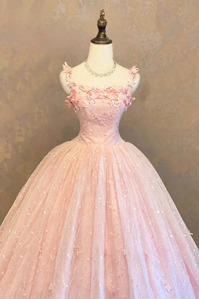 Blush Pink 3D Floral Ball Gown Quinceanera Dress Spaghetti Strap Tulle Prom Gown