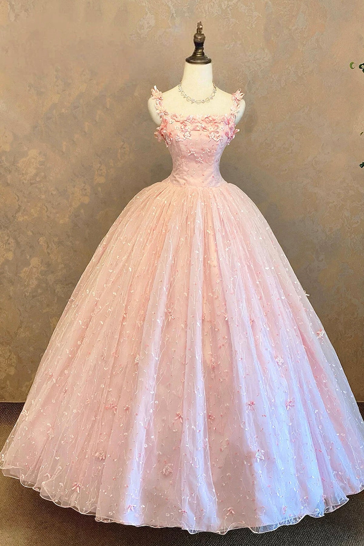Blush Pink 3D Floral Ball Gown Quinceanera Dress Spaghetti Strap Tulle Prom Gown