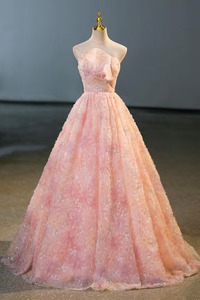 Pink Flower Long Princess Dress, Pink Strapless Formal Evening Dress Pink Flower Long Princess Dress, Pink Strapless Formal Evening Dress