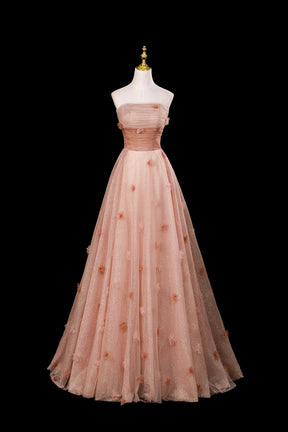 Glitter Tulle Long A-Line Evening Dress 3D Flower Prom Ball Gown