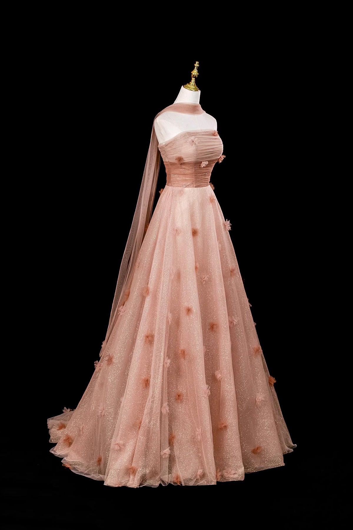 Glitter Tulle Long A-Line Evening Dress 3D Flower Prom Ball Gown