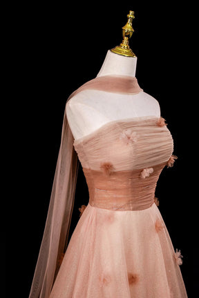 Glitter Tulle Long A-Line Evening Dress 3D Flower Prom Ball Gown