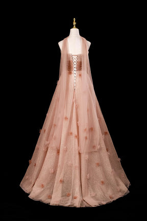 Glitter Tulle Long A-Line Evening Dress 3D Flower Prom Ball Gown