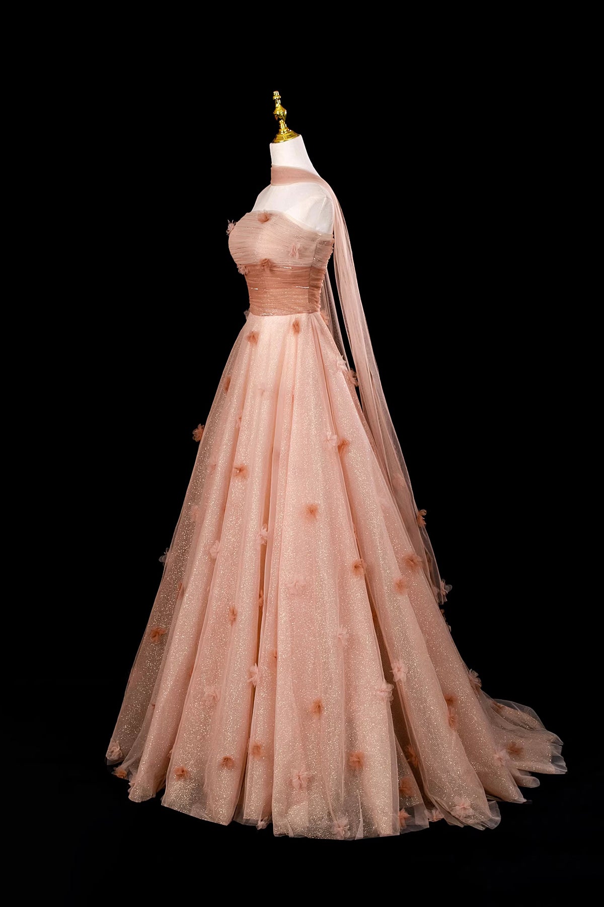 Glitter Tulle Long A-Line Evening Dress 3D Flower Prom Ball Gown