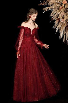 Burgundy Glitter Tulle Prom Dress Off the Shoulder Puff Sleeve Floor Length Ball Gown